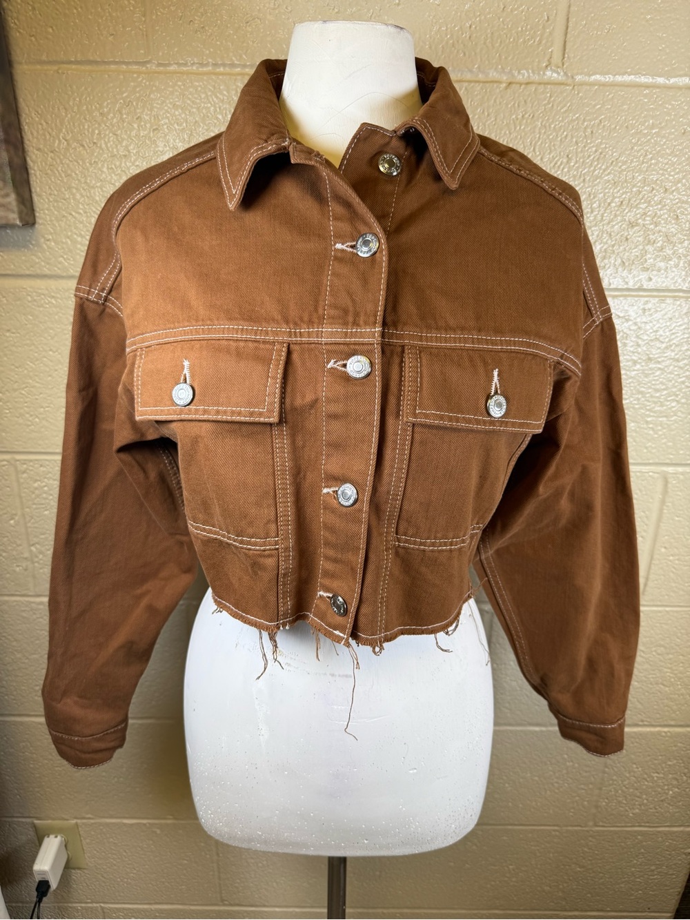 Topshop Cropped Brown Jean Jacket with Contrast Stitching and Frayed Bottom